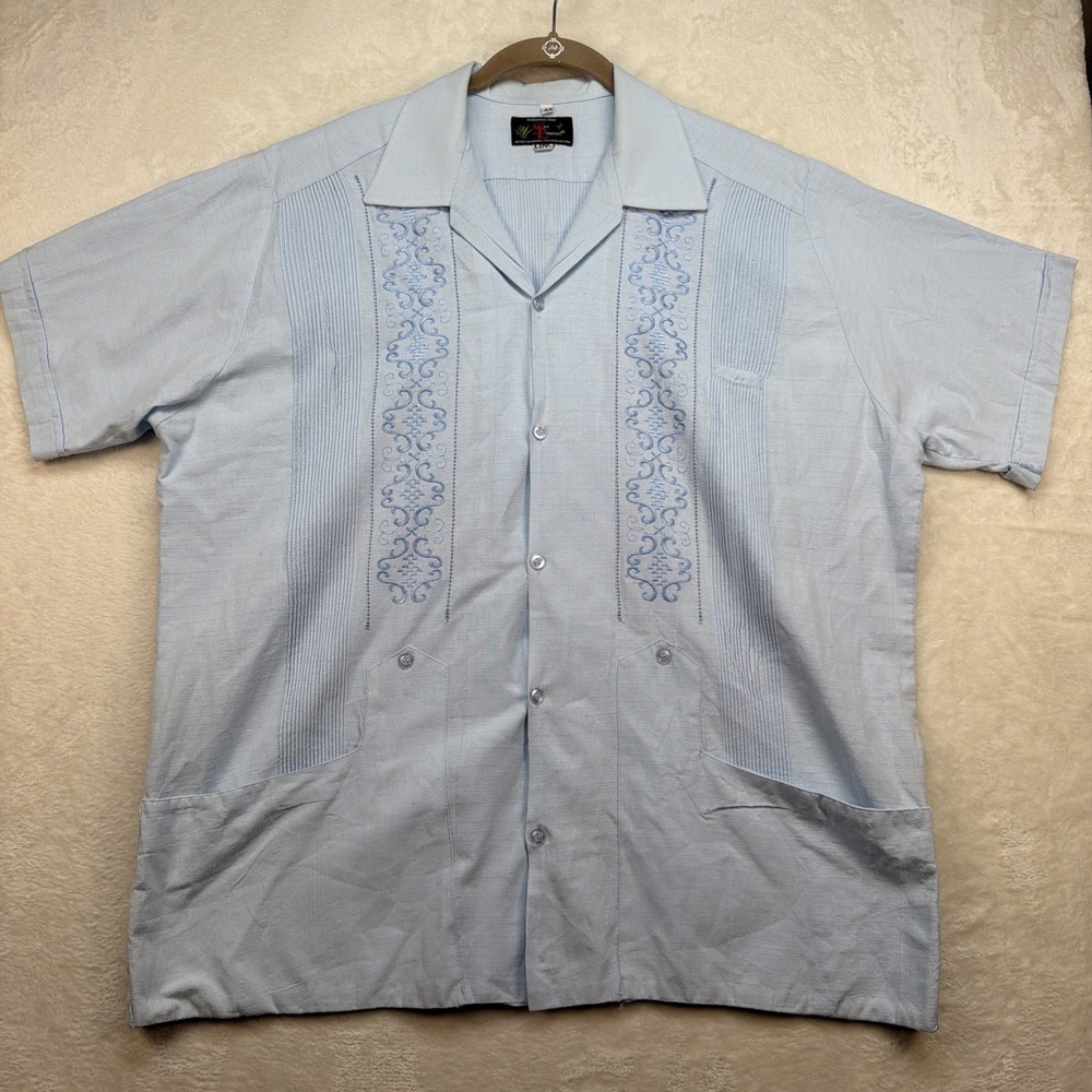 Mens Guayabera Shirt Linen Embroidered Blue Short Sleeve Cuban Size 44